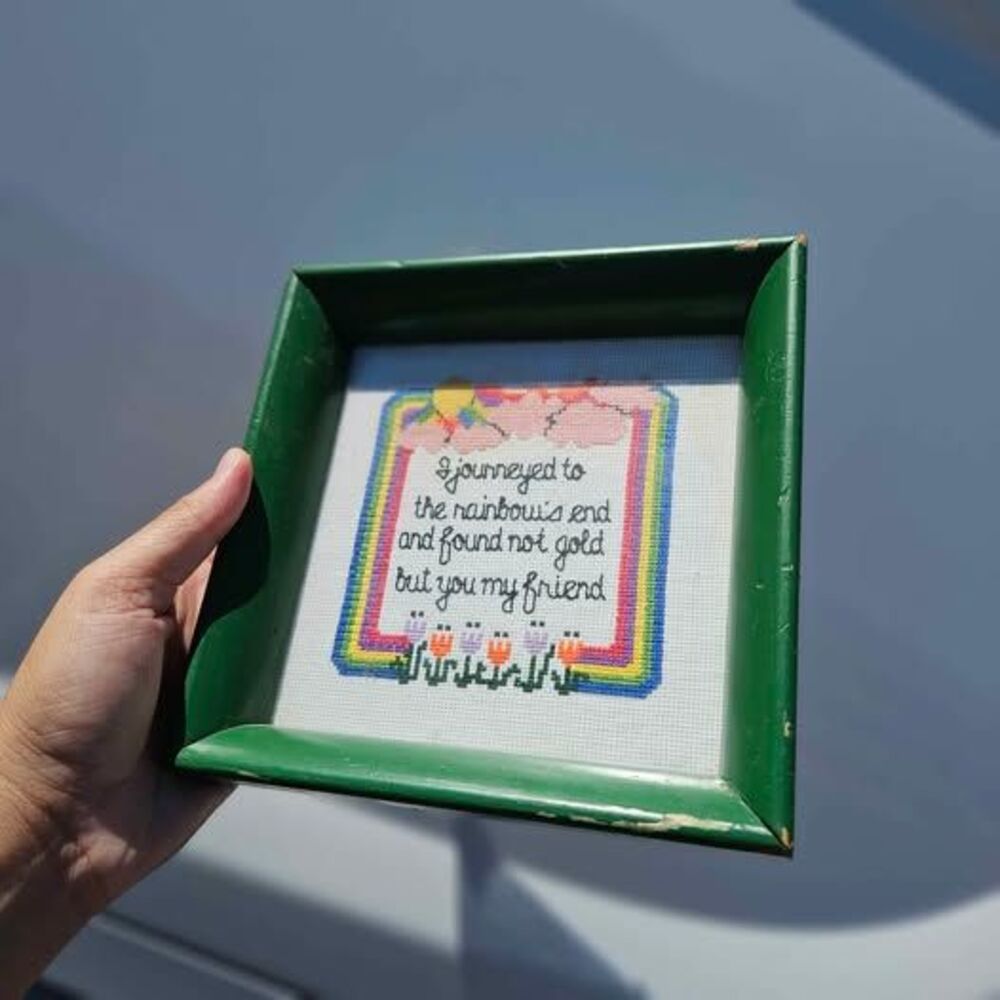 Vintage Handmade Rainbow Friendship Cross-Stitch in Green Frame